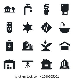 Set of vector isolated black icon - warehouse storage vector, house, with tree, water supply, bathroom, remote control, irrigation, smoke detector, energy saving bulb, police, usb flash, battery
