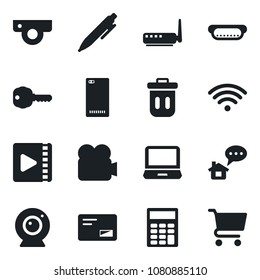 Set of vector isolated black icon - pen vector, video camera, laptop pc, mail, phone back, calculator, key, wireless, hot dog, router, web, trash bin, home message, cart