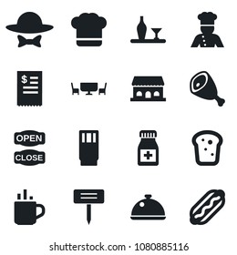 Set of vector isolated black icon - hot cup vector, plant label, pills bottle, cook, dish, alcohol, hat, drink, bread, cafe building, table, dress code, open close, restaurant receipt, ham, dog