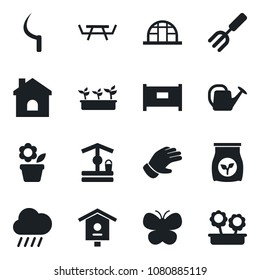 Set of vector isolated black icon - fence vector, flower in pot, garden fork, watering can, glove, butterfly, house, seedling, rain, well, sickle, greenhouse, picnic table, bird, fertilizer