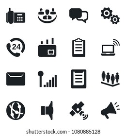 Set of vector isolated black icon - wireless notebook vector, team, office phone, 24 hours, clipboard, satellite, speaker, network, dialog, cellular signal, company, mail, gear, advertising