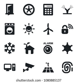 Set of vector isolated black icon - eco house vector, fan, wireless lock, irrigation, snowflake, pc, washer, warm floor, police, door, combination, windmill, surveillance, alarm led, fingerprint