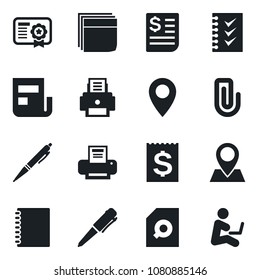 Set of vector isolated black icon - pen vector, pin, receipt, copybook, paper clip, news, document search, blank box, checklist, printer, certificate, man with notebook
