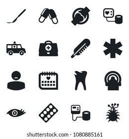 Set of vector isolated black icon - doctor case vector, blood pressure, thermometer, pills, blister, scalpel, tomography, ambulance star, car, caries, eye, joint, medical calendar, patient, virus