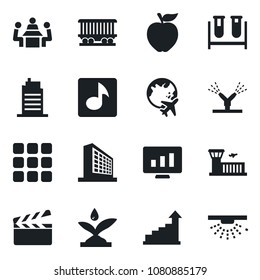 Set of vector isolated black icon - plane globe vector, airport building, office, growth statistic, monitor, blood test vial, railroad, clapboard, menu, music, meeting, city house, apple fruit