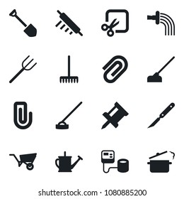 Set of vector isolated black icon - job vector, farm fork, rake, watering can, wheelbarrow, hoe, blood pressure, scalpel, cut, drawing pin, paper clip, rolling, steaming pan