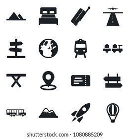 Set of vector isolated black icon - runway vector, suitcase, airport bus, train, signpost, ticket, baggage larry, picnic table, place tag, mountains, bedroom, rocket, earth, guidepost, air balloon