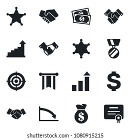 Set of vector isolated black icon - handshake vector, growth statistic, dollar sign, medal, cash, target, police, money bag, pennon, crisis, certificate