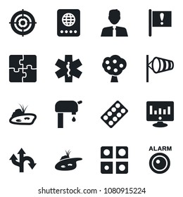 Set of vector isolated black icon - passport vector, wind, statistic monitor, pills blister, ambulance star, route, important flag, application, target, pond, water supply, fruit tree, estate agent