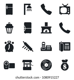 Set of vector isolated black icon - alarm clock vector, well, vinyl, video camera, call, office phone, fireplace, tv, rolling pin, outdoor lamp, fridge, money bag
