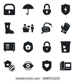 Set of vector isolated black icon - passport control vector, trash bin, safe, lock, glove, boot, hose, heart shield, umbrella, protect, eye id, estate insurance, intercome