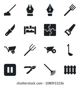 Set of vector isolated black icon - farm fork vector, rake, wheelbarrow, pruner, saw, hoe, garden knife, rack, pause button, application, ink pen, ladle, radiator