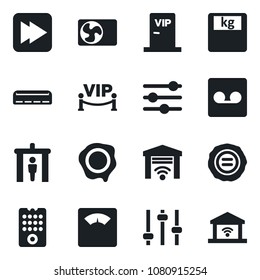 Set of vector isolated black icon - security gate vector, stamp, scales, fast forward, tuning, record, air conditioner, vip zone, remote control, garage