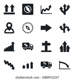 Set of vector isolated black icon - right arrow vector, growth statistic, crisis graph, route, signpost, navigation, up side sign, compass, moving
