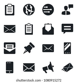 Set of vector isolated black icon - speaking man vector, mail, loudspeaker, network, cell phone, paper pin, mobile, message, clipboard