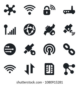 Set of vector isolated black icon - satellite vector, share, chain, sim, network, data exchange, cellular signal, wireless, lock, router, social media