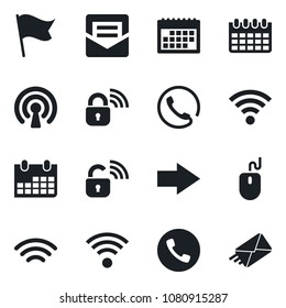 Set of vector isolated black icon - phone vector, right arrow, mouse, calendar, mail, wireless, lock, flag