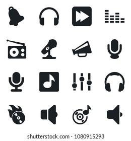 Set of vector isolated black icon - flame disk vector, microphone, radio, loudspeaker, settings, equalizer, headphones, fast forward, bell, music, sound