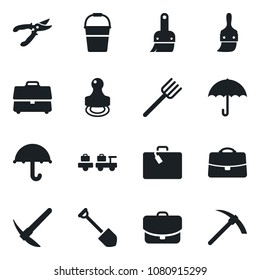 Set of vector isolated black icon - suitcase vector, baggage larry, job, farm fork, bucket, pruner, umbrella, themes, case, stamp, hard work