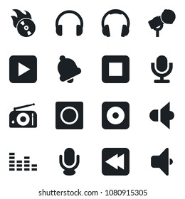Set of vector isolated black icon - flame disk vector, microphone, radio, speaker, equalizer, headphones, play button, stop, rewind, rec, bell, record, sound