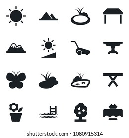 Set of vector isolated black icon - flower in pot vector, lawn mower, butterfly, sun, pond, picnic table, brightness, pool, fruit tree, mountains, restaurant