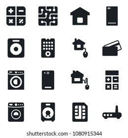 Set of vector isolated black icon - washer vector, calculator, speaker, phone back, sim, smart home, credit card, control, chip, remote, router