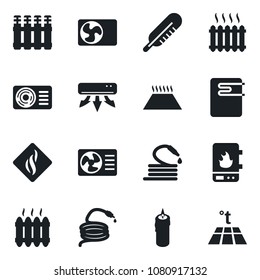 Set of vector isolated black icon - hose vector, thermometer, heater, air conditioner, candle, water, smoke detector, radiator, warm floor