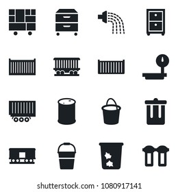 Set of vector isolated black icon - trash bin vector, bucket, watering, railroad, truck trailer, cargo container, consolidated, oil barrel, heavy scales, archive box, water filter