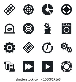 Set of vector isolated black icon - ticket office vector, gear, contract, circle chart, stamp, pills blister, play button, fast forward, target, flower in pot, washer, clock, crisis management