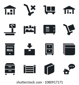 Set of vector isolated black icon - safe vector, container, cargo, no trolley, warehouse, package, heavy scales, rack, blank box, archive, mailbox, home message