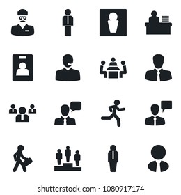 Set of vector isolated black icon - male vector, manager, speaking man, pedestal, team, run, doctor, client, speaker, identity card, support, desk, meeting, estate agent