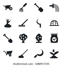 Set of vector isolated black icon - job vector, garden fork, rake, wheelbarrow, watering, sproute, hoe, sickle, greenhouse, fertilizer, fruit tree, irrigation