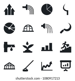 Set of vector isolated black icon - watering vector, hoe, sickle, greenhouse, drip irrigation, bar graph, pie, career ladder, arrow up, growth, presentation