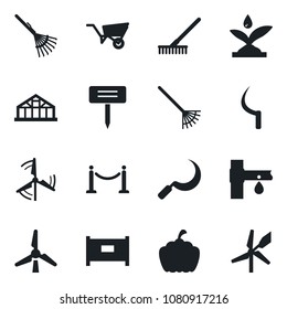 Set of vector isolated black icon - fence vector, rake, wheelbarrow, sickle, plant label, pumpkin, greenhouse, drip irrigation, windmill