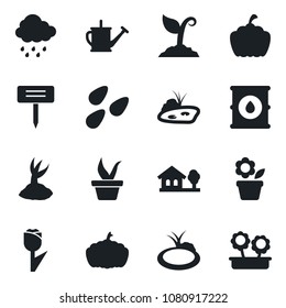 Set of vector isolated black icon - flower in pot vector, seedling, watering can, sproute, rain, plant label, pumpkin, seeds, pond, tulip, oil barrel, house with tree