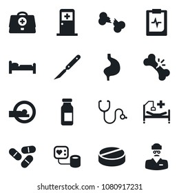 Set of vector isolated black icon - bed vector, medical room, doctor case, stethoscope, blood pressure, pills, ampoule, scalpel, tomography, hospital, stomach, broken bone, pulse clipboard
