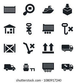 Set of vector isolated black icon - sea shipping vector, truck trailer, cargo container, car delivery, port, up side sign, no trolley, hook, warehouse, package, search, moving