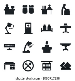 Set of vector isolated black icon - baby room vector, reception, flight table, medical, desk, manager place, lamp, restaurant, cafe, reserved, salt and pepper, serviette