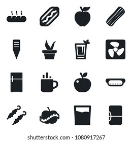 Set of vector isolated black icon - hot cup vector, seedling, plant label, diet, drink, phyto bar, bacon, bread, kebab, dog, apple fruit, fan, fridge