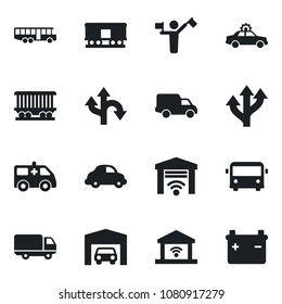 Set of vector isolated black icon - dispatcher vector, airport bus, alarm car, ambulance, route, railroad, delivery, garage, gate control, battery