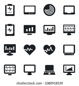 Set of vector isolated black icon - radar vector, notebook pc, statistic monitor, heart pulse, clipboard, tv, statistics