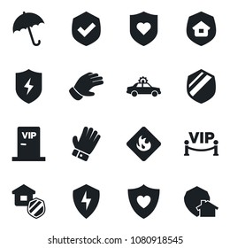 Set of vector isolated black icon - umbrella vector, alarm car, glove, heart shield, flammable, protect, estate insurance, vip zone, home