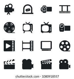 Set of vector isolated black icon - ticket office vector, clapboard, film frame, reel, tv, video camera