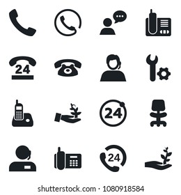 Set of vector isolated black icon - 24 around vector, office chair, phone, hours, support, speaker, radio, call, root setup, palm sproute