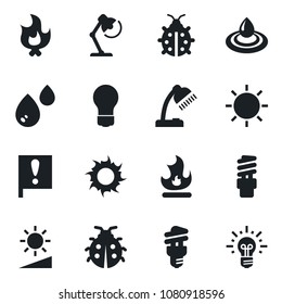 Set of vector isolated black icon - bulb vector, lady bug, fire, sun, important flag, brightness, desk lamp, water, energy saving, idea