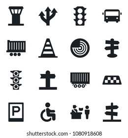 Set of vector isolated black icon - airport tower vector, taxi, bus, parking, passport control, border cone, radar, disabled, route, signpost, traffic light, truck trailer, guidepost