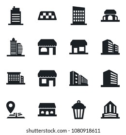 Set of vector isolated black icon - taxi vector, shop, office building, garden light, navigation, city house, cafe, storefront