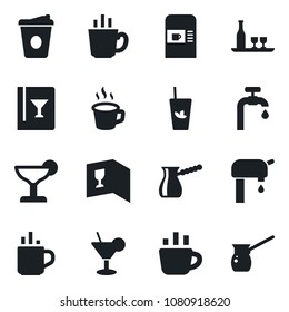 Set of vector isolated black icon - hot cup vector, coffee machine, water supply, alcohol, wine card, cocktail, phyto bar, turkish