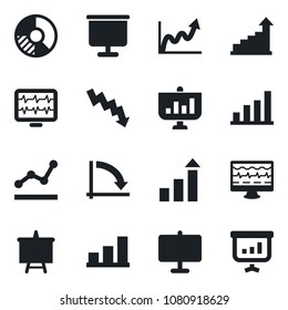 Set of vector isolated black icon - growth statistic vector, presentation board, crisis graph, circle chart, monitor pulse, bar, point
