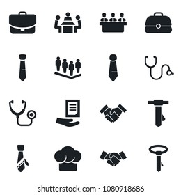 Set of vector isolated black icon - handshake vector, team, tie, document, stethoscope, meeting, cook hat, case